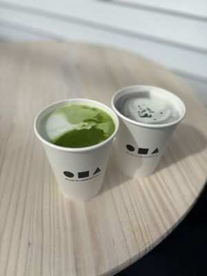 Matcha latte and black sesame latte