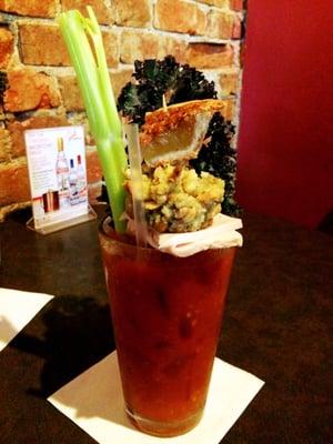 Sunday Funday! Bloody Mary with turkey, a stuffing cake, and pie.