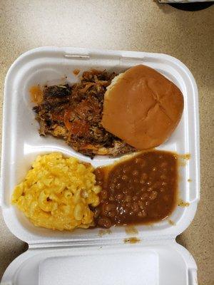 Pulled pork, baked beans and mac and cheese.