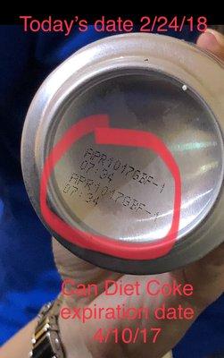 Out of date Diet Coke Expiration date is 4/10/17 & today's date is 2/24/17 & also purchased a flat fountain Diet Coke w/no a/c today either