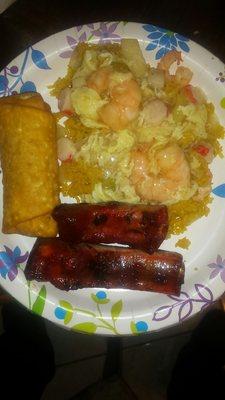 Shrimp with lobster sauce barbecued spare ribs and an egg roll