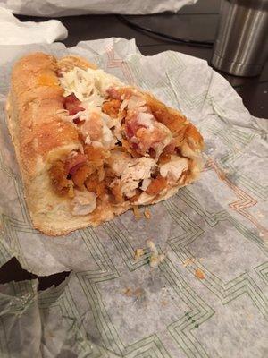 Publix Jaguar sub - fried chicken tenders, cheddar cheese, bacon, bbq sauce and coleslaw.