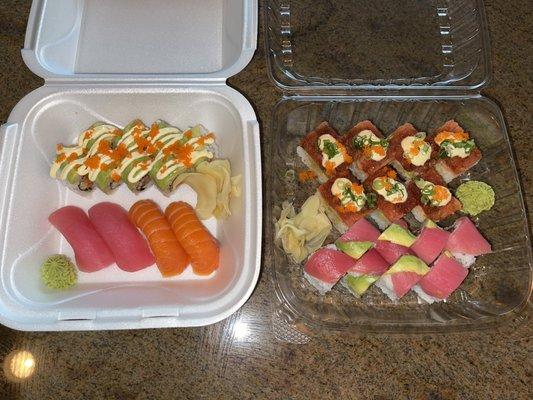 Salmon and tuna nigiri, rainbow roll, Tuna Square, Spicy Tuna Roll