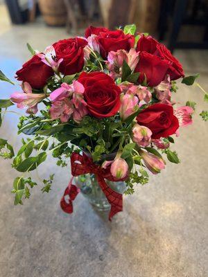 Red dozen with pink alstroemerias