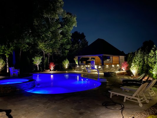 Pavilion and pool, night view.