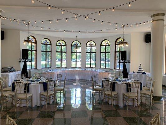 Wedding reception set-up in the cadet west reception hall at Nazareth Hall.