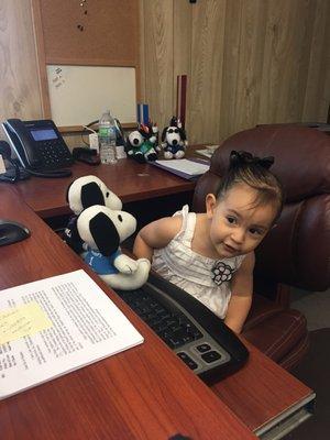 Insurance agent in training.  Aka my granddaughter Lyla.  :)