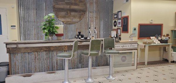 Restored shop counter and chairs, once approved we will be serving coffee & tea!