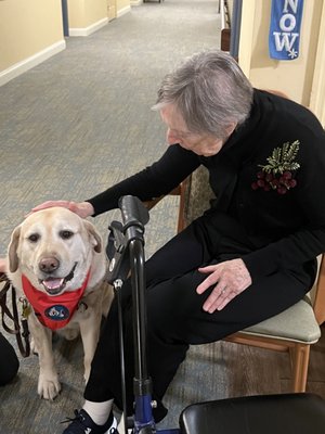 Gus, another of our therapy visitors with his mom Maureen, visiting our fabulous Brenda!