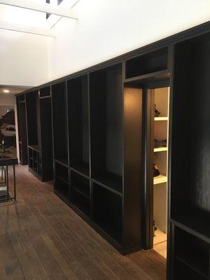 Newly custom finished bookshelf unit from old stained finish to painted finish satin carbon black