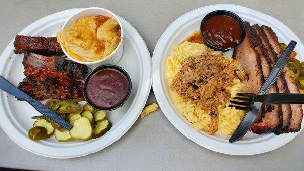 Ribs, Scalloped Potatoes, Mac and cheese w/ pulled pork, Sliced brisket.