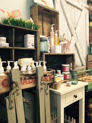 Rustic and chic display of lotions, body oils and scrubs