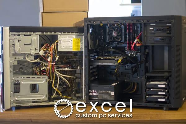 We build Custom PC's!
 The computer on the left is a "name brand" and the computer on the right is an Excel build.