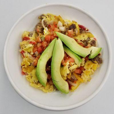 Power Breakfast Bowl (Grass-fed beef w/ organic eggs, roasted red onion, roasted red & yellow peppers, cilantro salsa, & avocado)