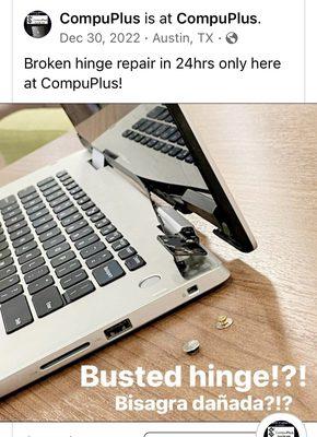 Signature repair for damaged hinges on any laptop! Serviced in only 24hrs.