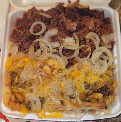 Chili cheese fries w/pastrami and grilled onions