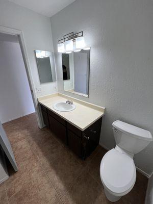 New Mirror Install, custom cut, new light fixtures, new medicine cabinet, new toilet