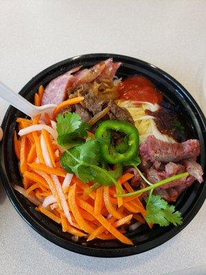 Three meat plate with noodles instead of rice