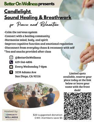 Join us every Wednesday from 7-8pm for Sound Healing, Breath-Work and Meditation!