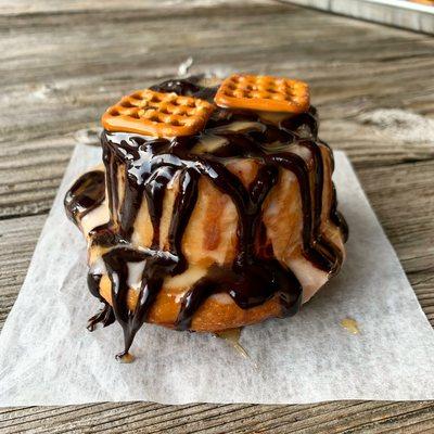 Chocolate caramel pretzel cinnamon roll