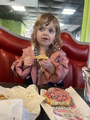 Donuts and croissant sandwich with drink