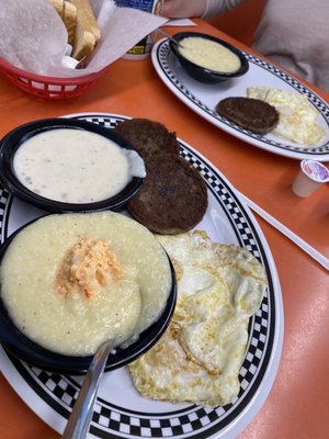 Pimento cheese grits, sausage and eggs