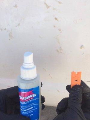 using a  natural citrus blend keeps the paint from damage and plastic razors reduce any scuffing.