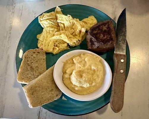 Steak & eggs with cheese grits and toast. July 2024.