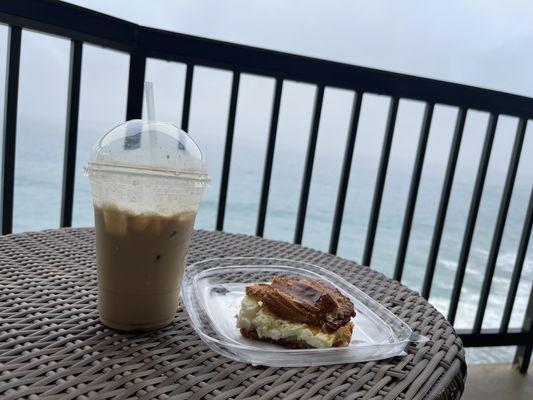 Iced white chocolate raspberry mocha and a breakfast sandwich