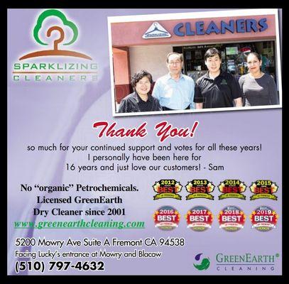 Our thank you ad for voting us runner up for best Dry cleaner in Fremont, 2019