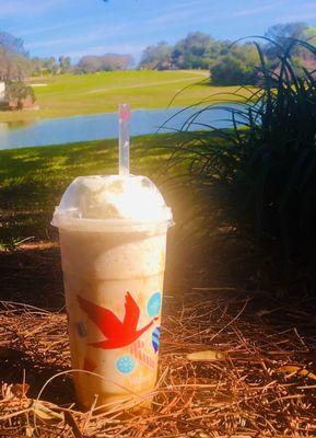 Frozen Chai Tea with Caramel Swirl & Whipped Cream.