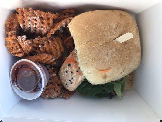 The Sweet potato fries were dusted with sugar. Never had them like that this before, delicious!!! Salmon sandwich on ciabatta