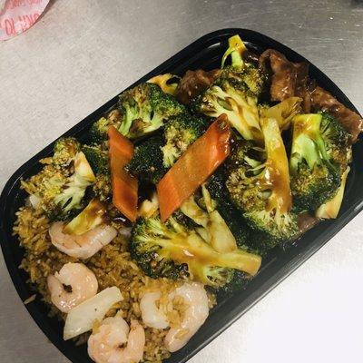 Beef broccoli with shrimp fried rice