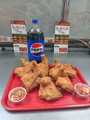 Try our fried chicken! 
8pcs w/ one side  and 2lt for $ $23.50
(Leg/thigh)