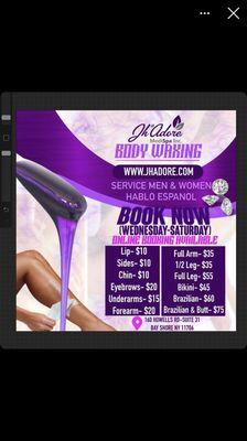 Book our elite waxing services!
Wednesday to Saturday