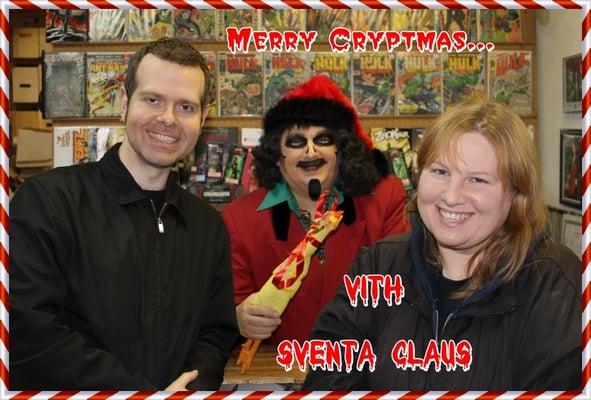 Visiting Sventa Claus (a.k.a. Svengoolie) during his annual appearance at the Comic Collector (2011).