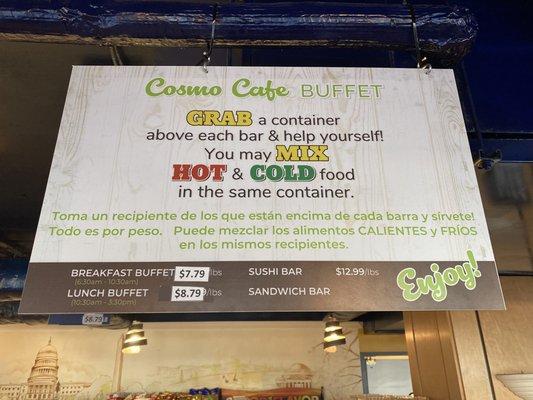 Cosmo Cafe buffet instructions & pricing