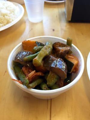 Pinakbet - Vegetables (squash, eggplant, okra, string beans, and bitter melon) with a salty, fermented shrimp paste (bagoong).