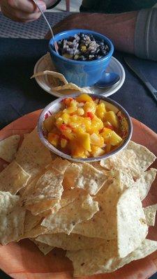 Mango salsa appetizer & black bean and rice soup! Amazing taste, good size, not expensive