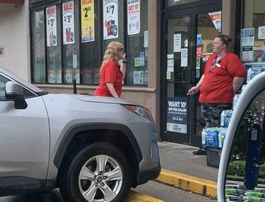 VP clerks literally block the entrance so customers have to walk through their cigarette smoke.