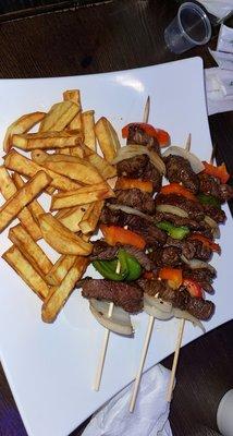 Beef Skewers with sweet potatoes fries