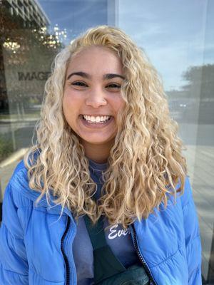 Curly cut and style on medium length, his density, color treated curls