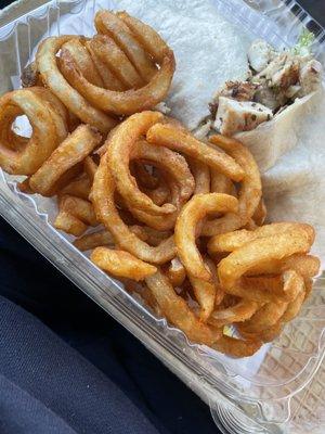 Grilled chicken Caesar wrap w/curly fries