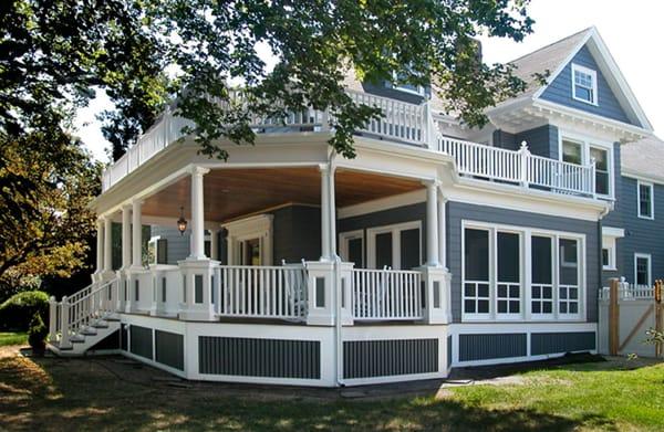 Screened side porch breezeway, plus front porch built on to late 19th century home in Winchester. Designed to re-create former h