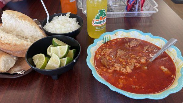 Large bowl of Pozole is really good.  Bread is extremely hot. Love it!