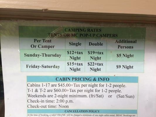 Camping and cabin rental rates.