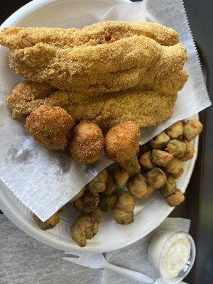 Catfish, fried Okra, and Hushpuppies