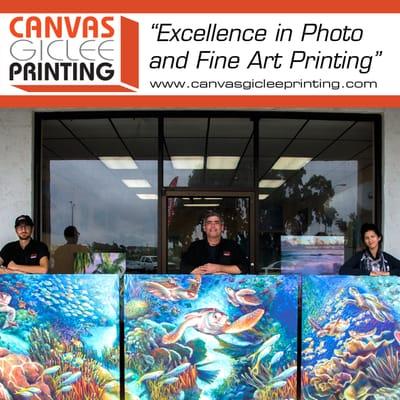 A few of our dedicated team, proud of this 17 foot tryptic art reproduction print for Florida painter & designer Nancy Tilles.