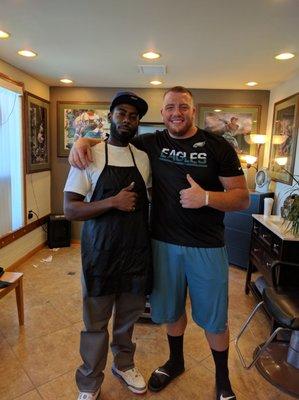 Aaron Neary # 74 Center for the Philadelphia Eagles, Let's his hair cut at Jordan's Barber shop.