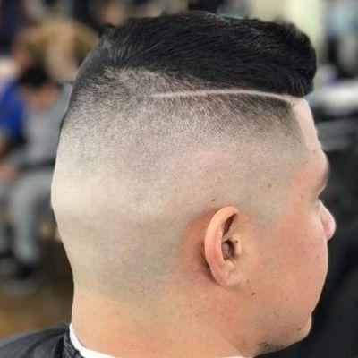 High bald fade w/ part and combover on top